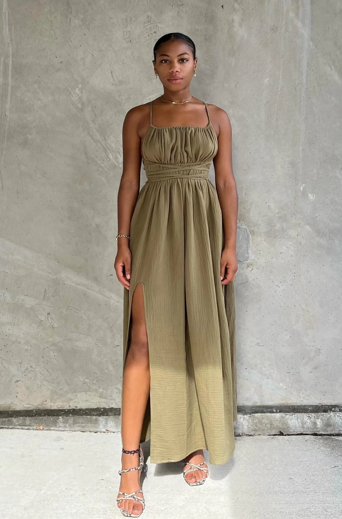 Olive Green Spaghetti Strap Waist Slit Maxi Dress | Vacation Style Cotton Dress