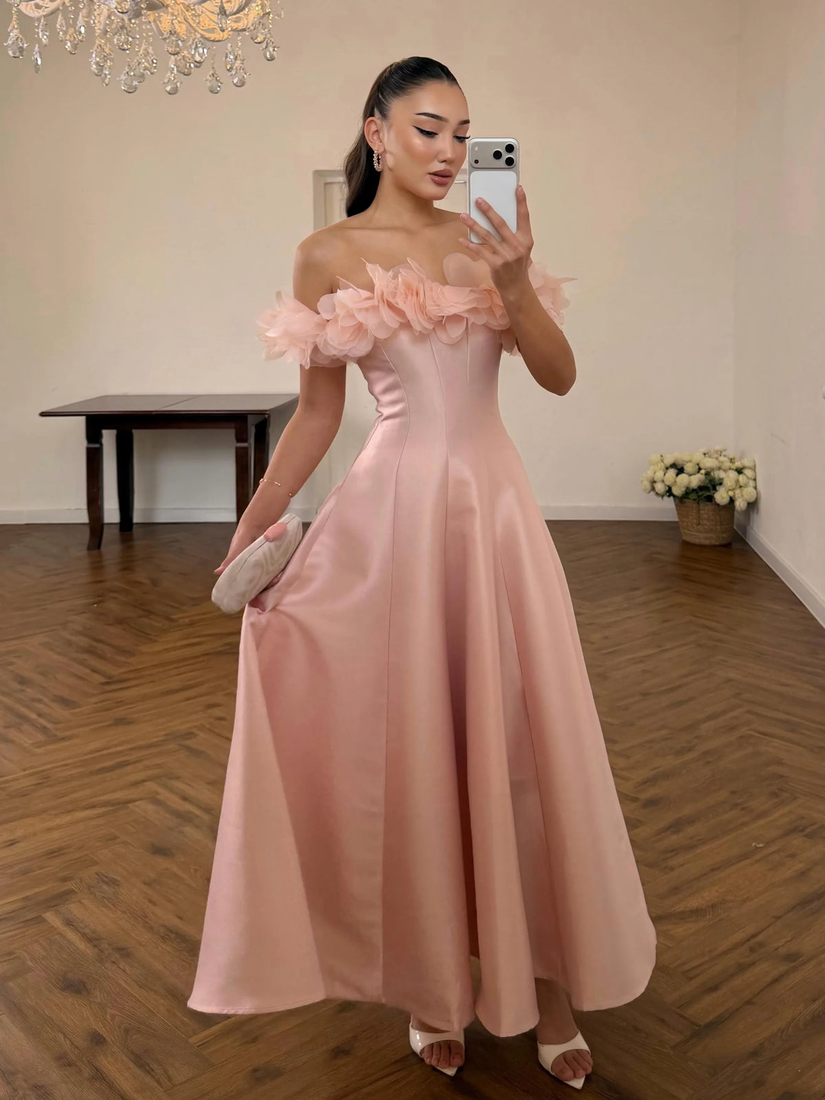 3D Floral Off-Shoulder Satin A-Line Gown