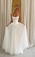 White Cami Fitted Waist Tulle Ball Gown Wedding Dress | French Minimalist Sleeveless Bridal Gown
