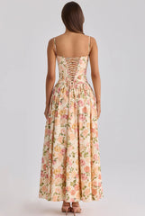 Cream Rose Print Corset Bustier Tiered Spaghetti Strap Maxi Dress