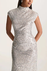Cecy | Silver Sequin High-Neck Maxi Dress With Cap Sleeves