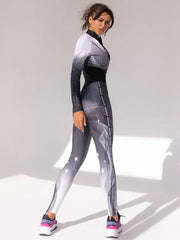 Gradient Printed Long Sleeves Split-Joint Sports Jumpsuits