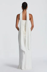 White Strapless Beaded Corset Waist Draped Evening Gown