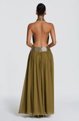 Women Halter Deep Keyhole Open Back Metallic Trim High Waist Chiffon Maxi Gown