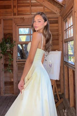 Pale Yellow V-Neck Thin Strap Waist-Cinched Flare Midi Dress | Elegant French Tea Dress