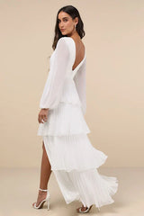 Graceful Finesse White Pleated Long Sleeve Maxi Dress