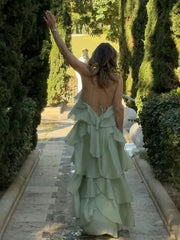 Mint Green Halter Open-Back Tiered Ruffle Maxi Dress