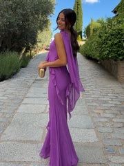 Scarf Neck Ruffled Chiffon Maxi Dress