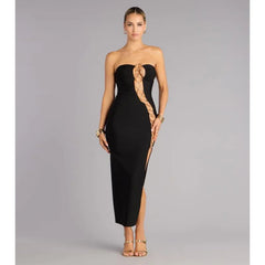 Black Strapless Metal Ring Cutout Slit Maxi Dress