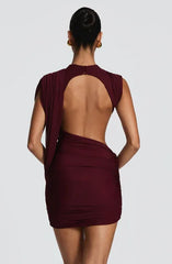 Two-Tone Asymmetric Draped Knot Backless Bodycon Mini Dress