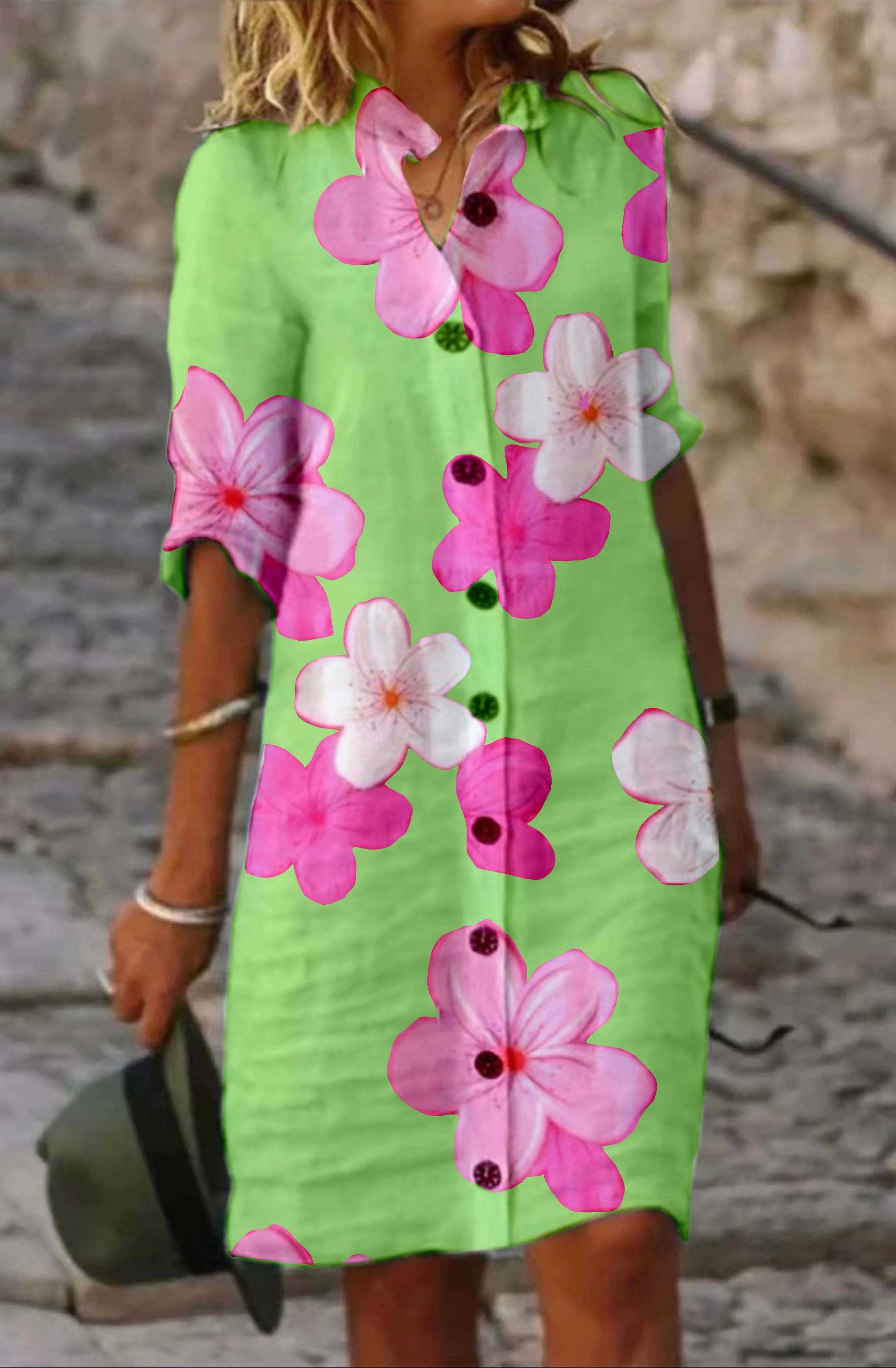 Pink Flower Plain Cotton Casual Dress – Lucy Mira