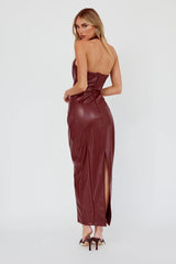 Marella Halterneck Faux Leather Maxi Dress Wine