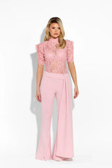 Lace High Neck Puff Sleeve Top & Draped Flared Pants Set