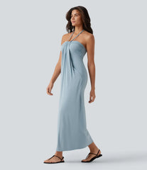 Light Blue Halter Bandeau Draped Maxi Dress with Pockets