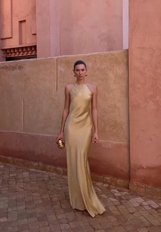Champagne Gold Satin Halter Backless Maxi Dress