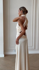 Ivory Satin Halter Neck Open-Back High-Slit Evening Gown
