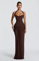 Burgundy/Black/Brown Halter Sweetheart Neck Lace-Up Back Ruched Waist Draped Bodycon Mermaid Evening Gown