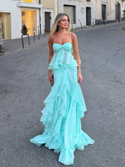 Strapless Twist-Front Tiered Ruffle Maxi Dress