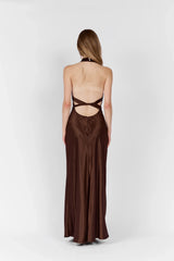 Cross Halter Open Back Tie Back Solid Satin Maxi Slip Dress