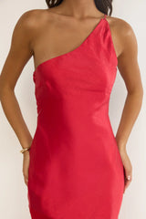 Mireya One-Shoulder Sheer Hem Maxi Dress Red