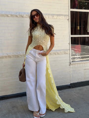 Sheer Lace Cutout High Neck Top（Only tops）