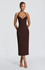 Dark Brown Halter Lace Bustier Lace-Up Backless Bodycon Midi Dress