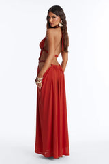 Red Beaded Halter Cutout Backless Draped Maxi Dress