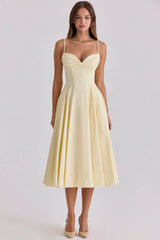 Pink/Yellow Spaghetti Strap Sweetheart Neck A-Line Midi Dress