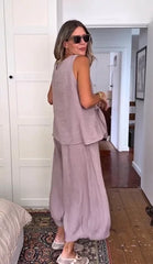 French Lazy Style Linen Cross Tie Sleeveless Top + Wide Leg Lantern Pants Set