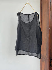 Round Neck Sleeveless Solid Color Cotton And Linen Top