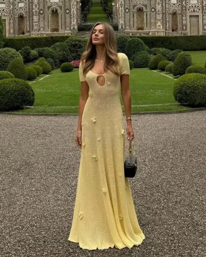 Cream Yellow 3D Flower U-Neck Cutout Knit Backless Maxi Dress