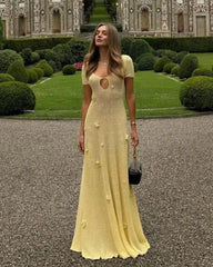 Cream Yellow 3D Flower U-Neck Cutout Knit Backless Maxi Dress