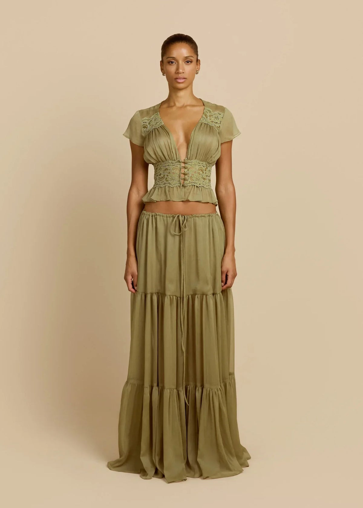 「Olive Green Lace Trim Set - French Romantic Two-Piece Set」