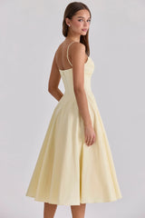 Pink/Yellow Spaghetti Strap Sweetheart Neck A-Line Midi Dress