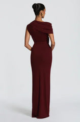 Two-Tone Asymmetric Off-Shoulder Cutout Draped Fitted Mermaid Gown