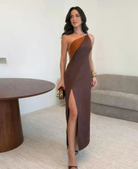 One-Shoulder Color Block Cutout Slit Maxi Dress