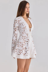 V-Neck Tie-Front Flare Sleeve Lace Fit-and-Flare Mini Dress