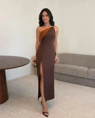 One-Shoulder Color Block Cutout Slit Maxi Dress